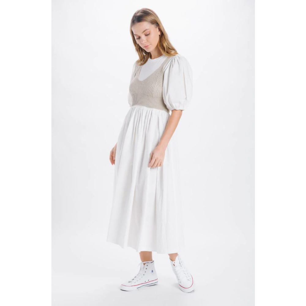 En Saison Mixed Media Puff Sleeve Midi Dress Off White